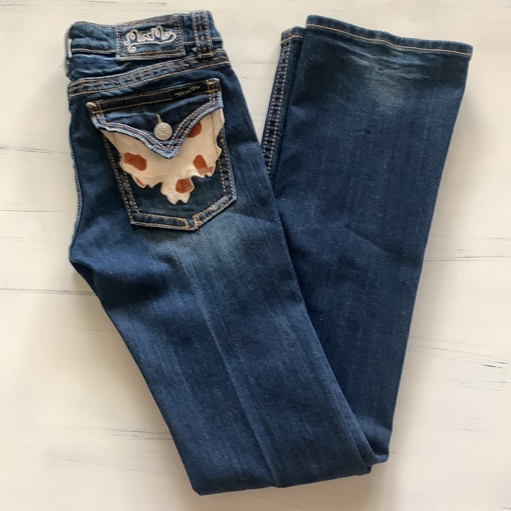 Miss Me Indigo Boot Cut Jeans with Cream & Brown Embroidered Pocket